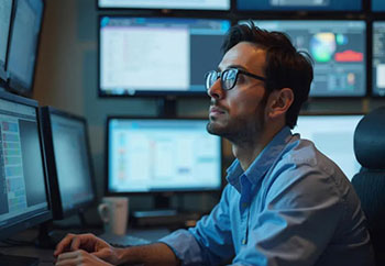 Man looking up at a computer monitor.